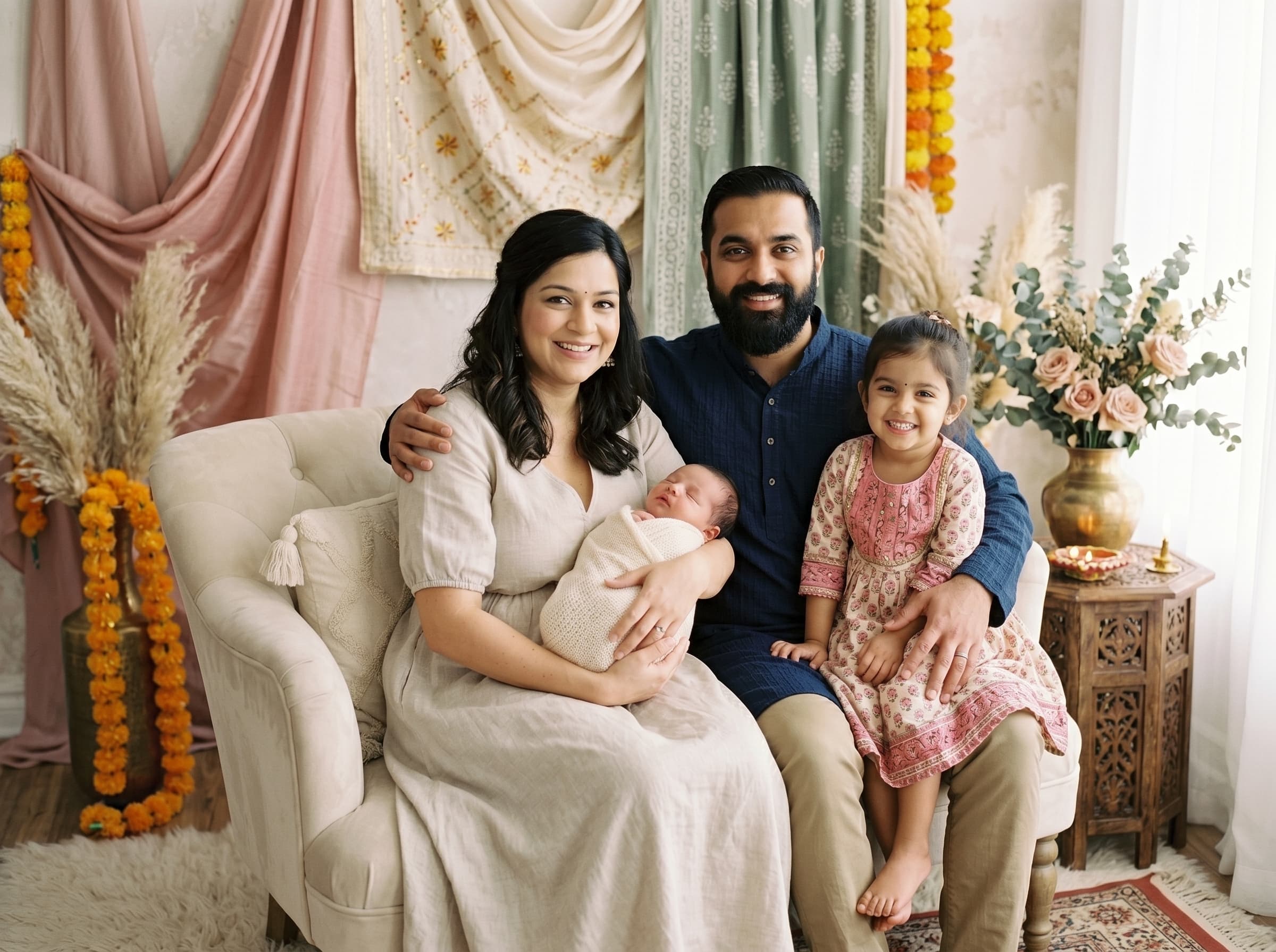 Family portrait with parents, newborn baby, and older sibling in a premium studio setup