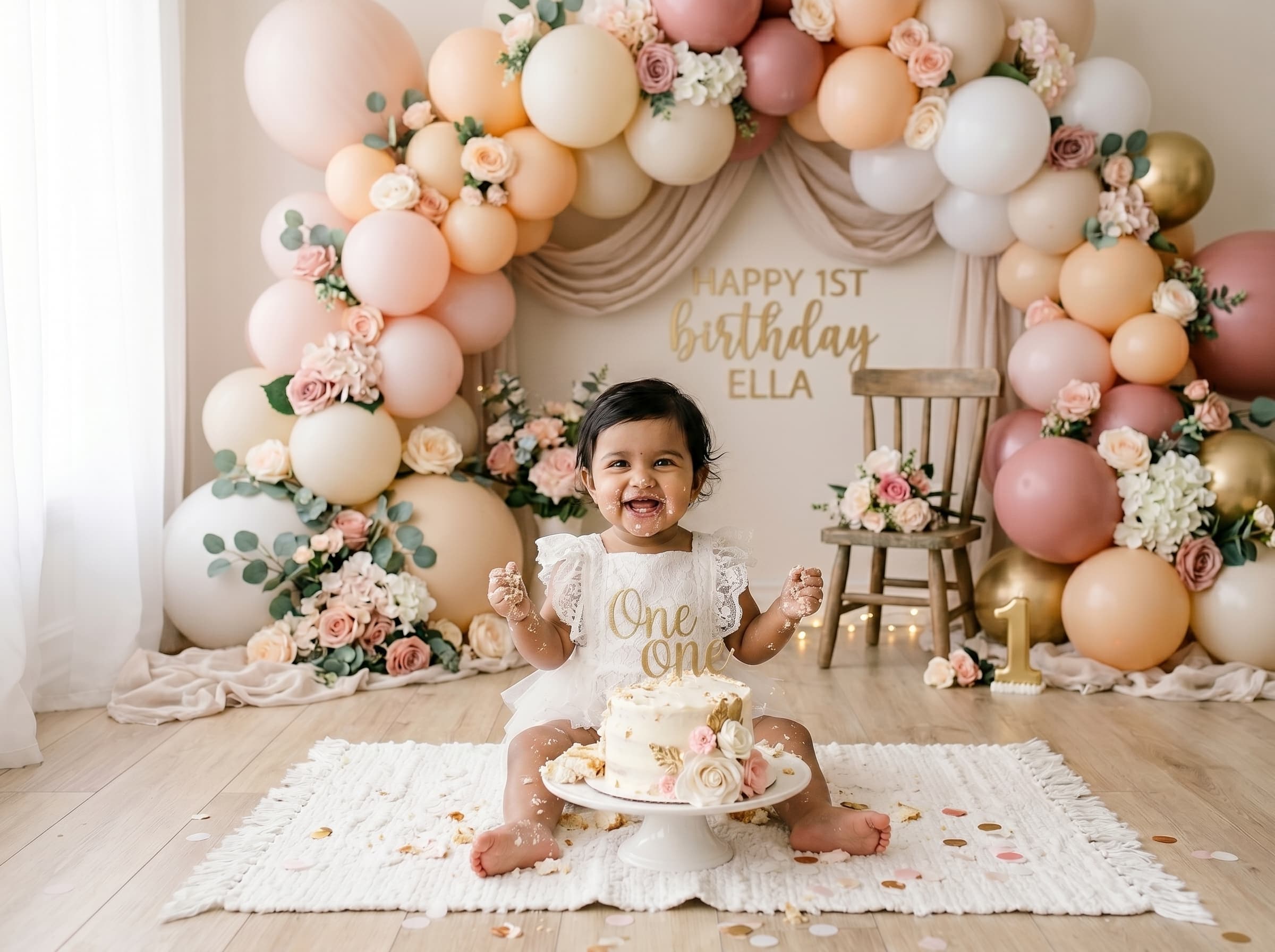 One year baby enjoying a pastel first birthday cake smash setup