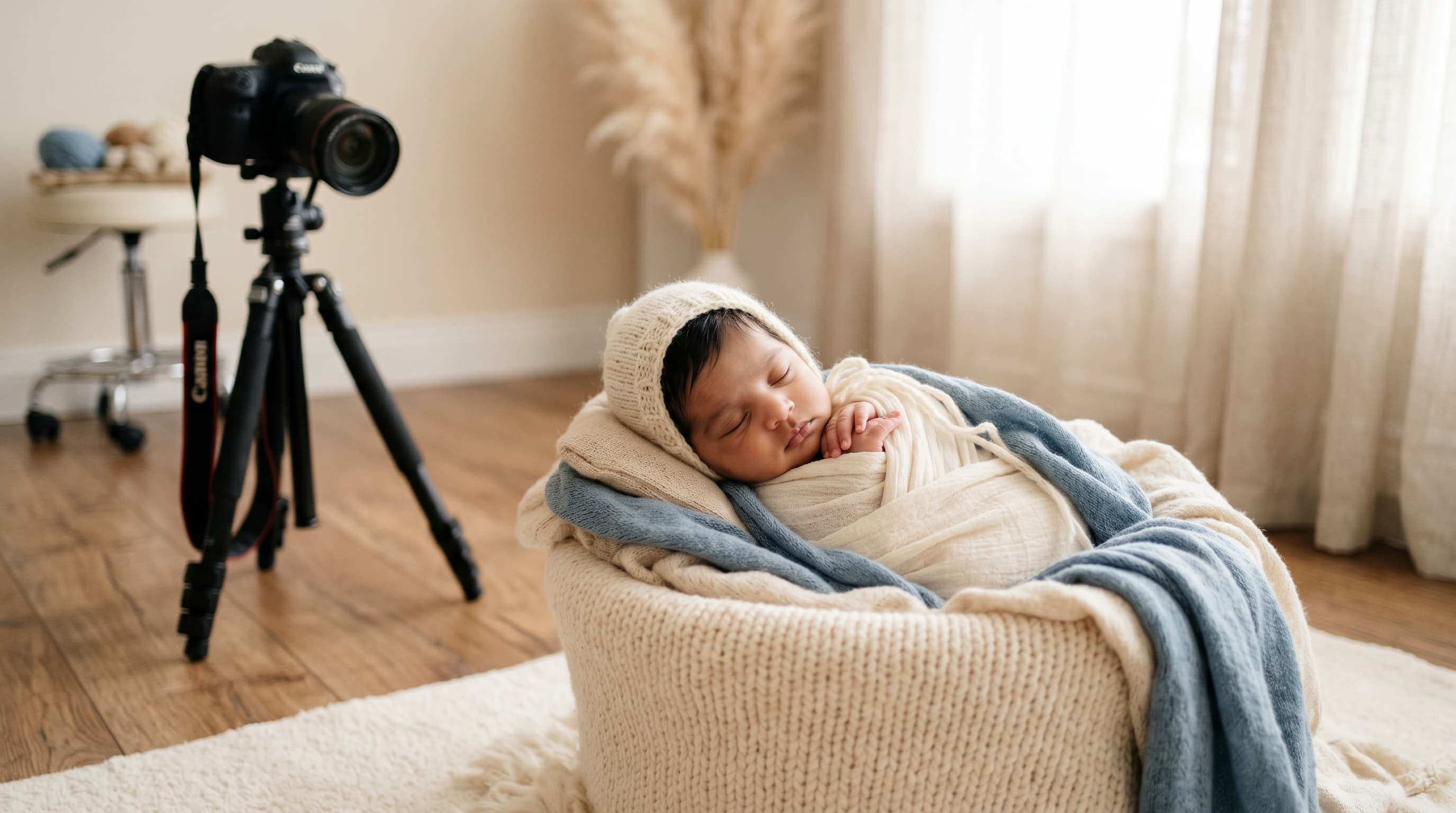 Newborn baby sleeping in a premium Pune photography studio with camera setup nearby