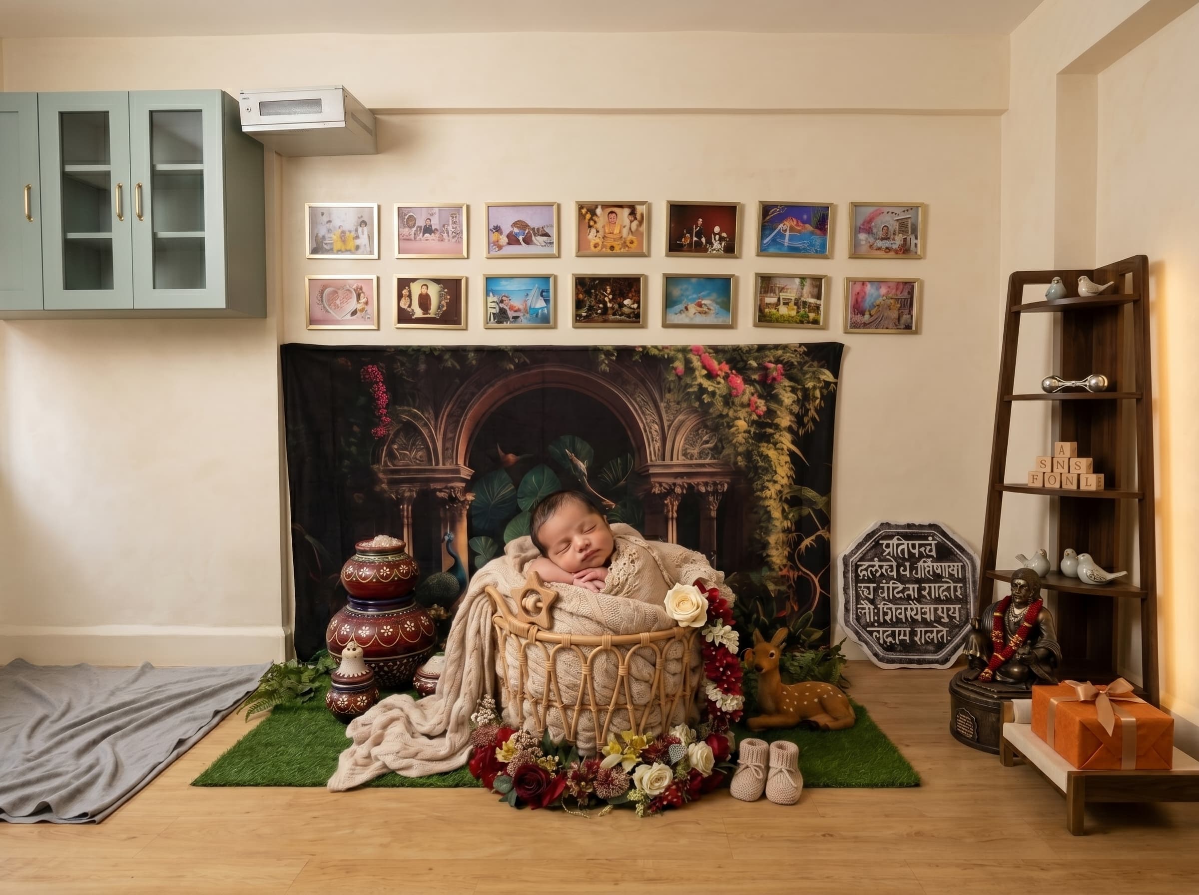 Newborn baby sleeping peacefully in an elegant basket setup inside the studio