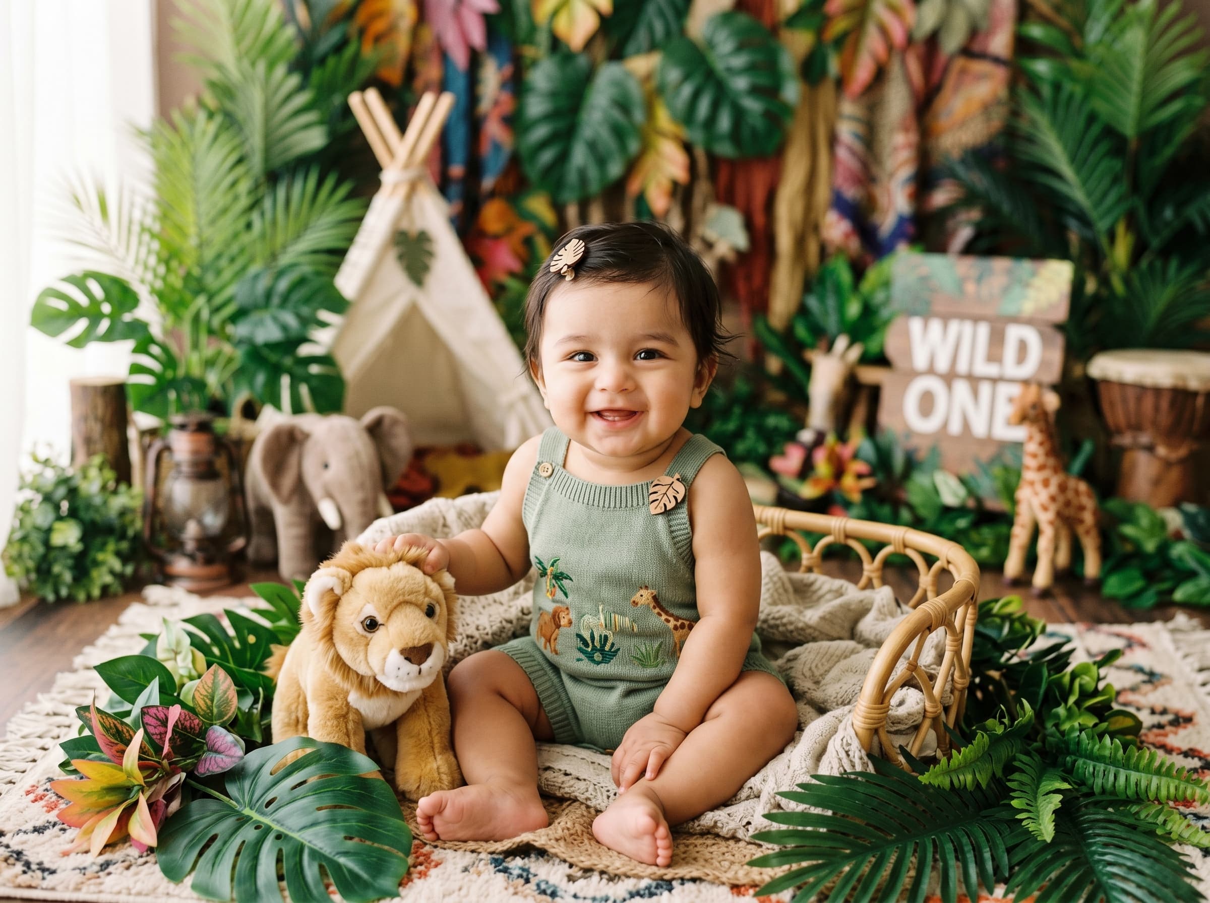 Six month baby smiling in a jungle safari themed baby photoshoot setup