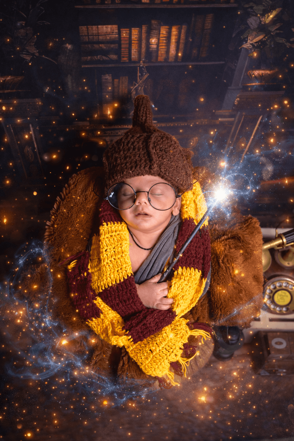 Sleeping baby in a wizard-inspired portrait setup with glowing spark effects