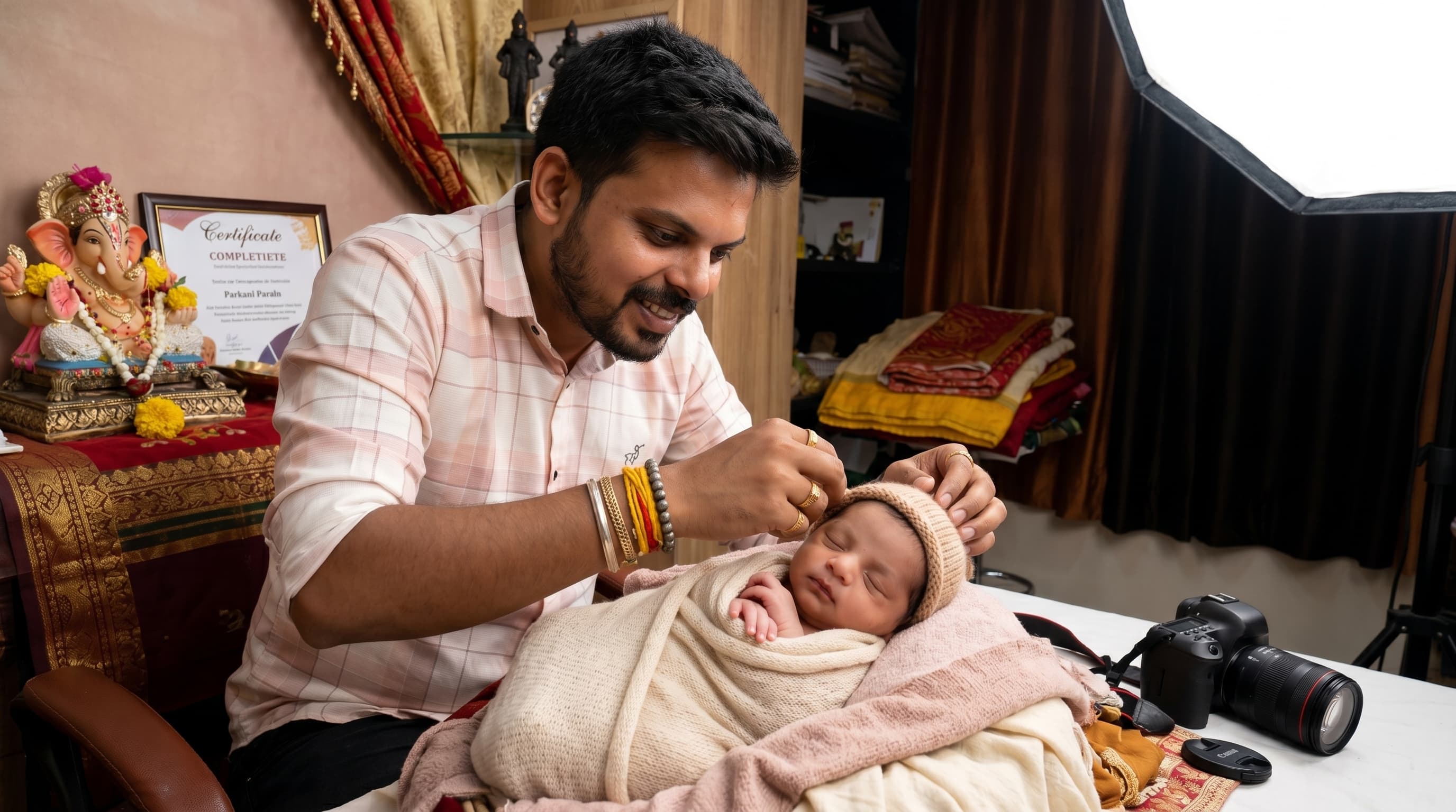 Mother preparing a newborn setup in a calm studio environment