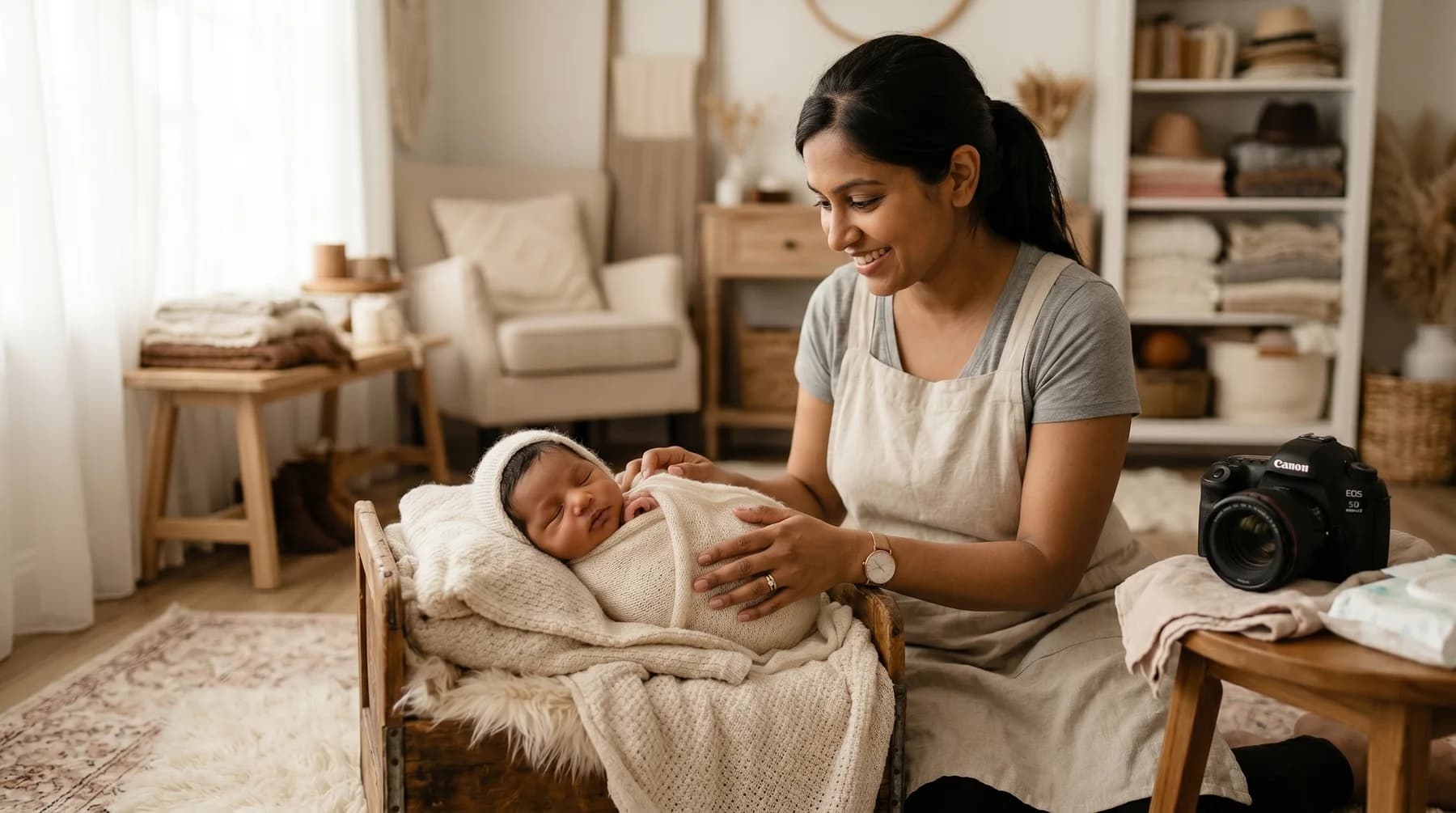Mother arranging a newborn carefully in a soft premium studio setting